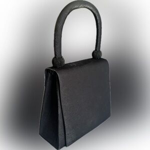 Little black satin evening designer style purse with long & short strap.